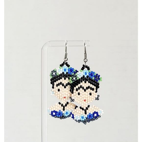 Frida Kahlo Face Handmade Earring Beads Huichol Mexican Icon FREE SHIPPING - Picture 1 of 5